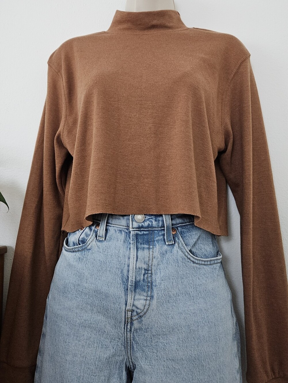 vintage crop brown mock neck top cottage 90s y2k grunge boho indie urban tee